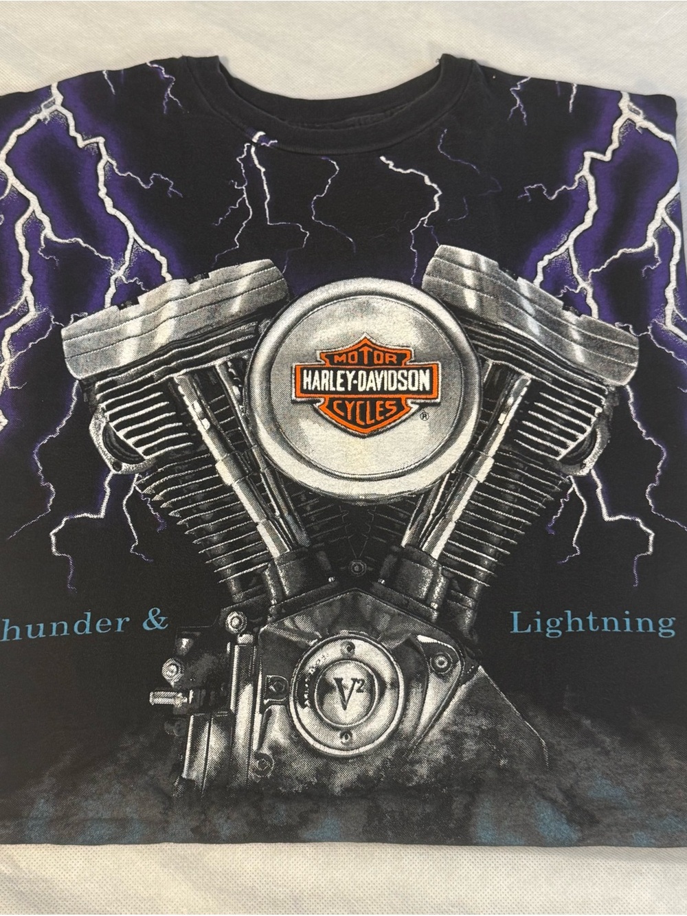 Vintage Harley-Davidson Thunder & Lightning All Over Print T-Shirt XL Biker